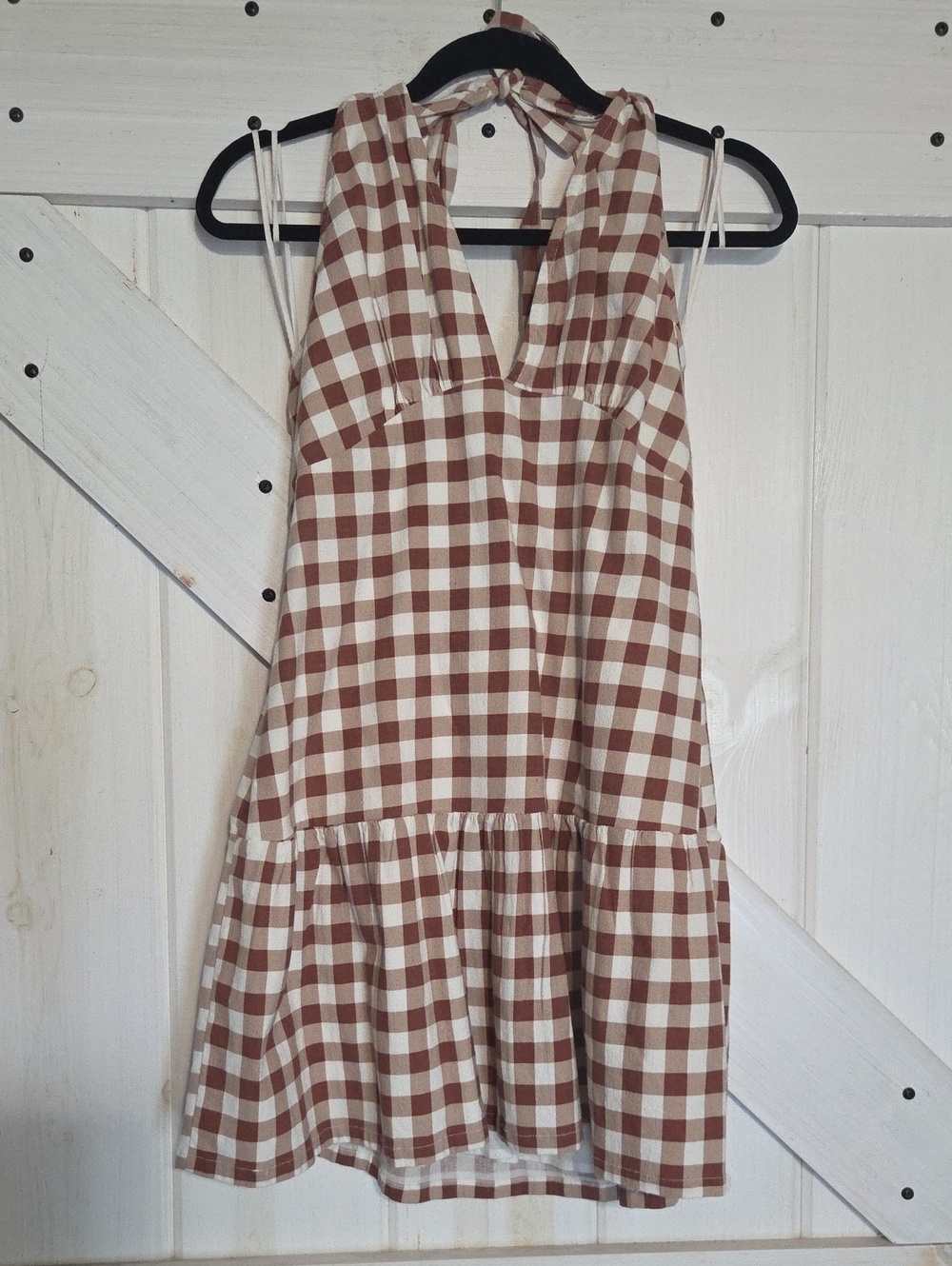 Free People Brown and Cream Gingham Mini Dress